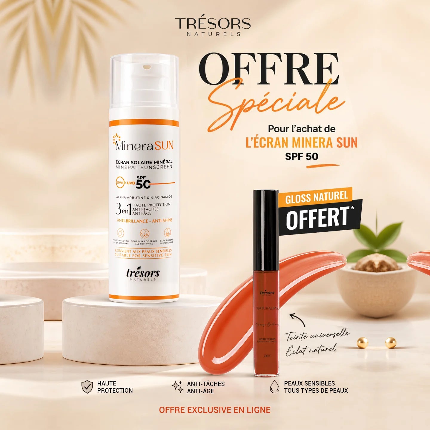 Écran Solaire Minéral Invisible / Teinté + Gloss NATURALIPS Orange Brûlée GRATUIT
