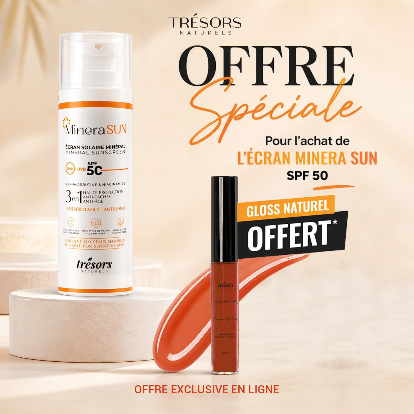 Écran Solaire Minéral Invisible / Teinté + Gloss NATURALIPS Orange Brûlée OFFERT🎁