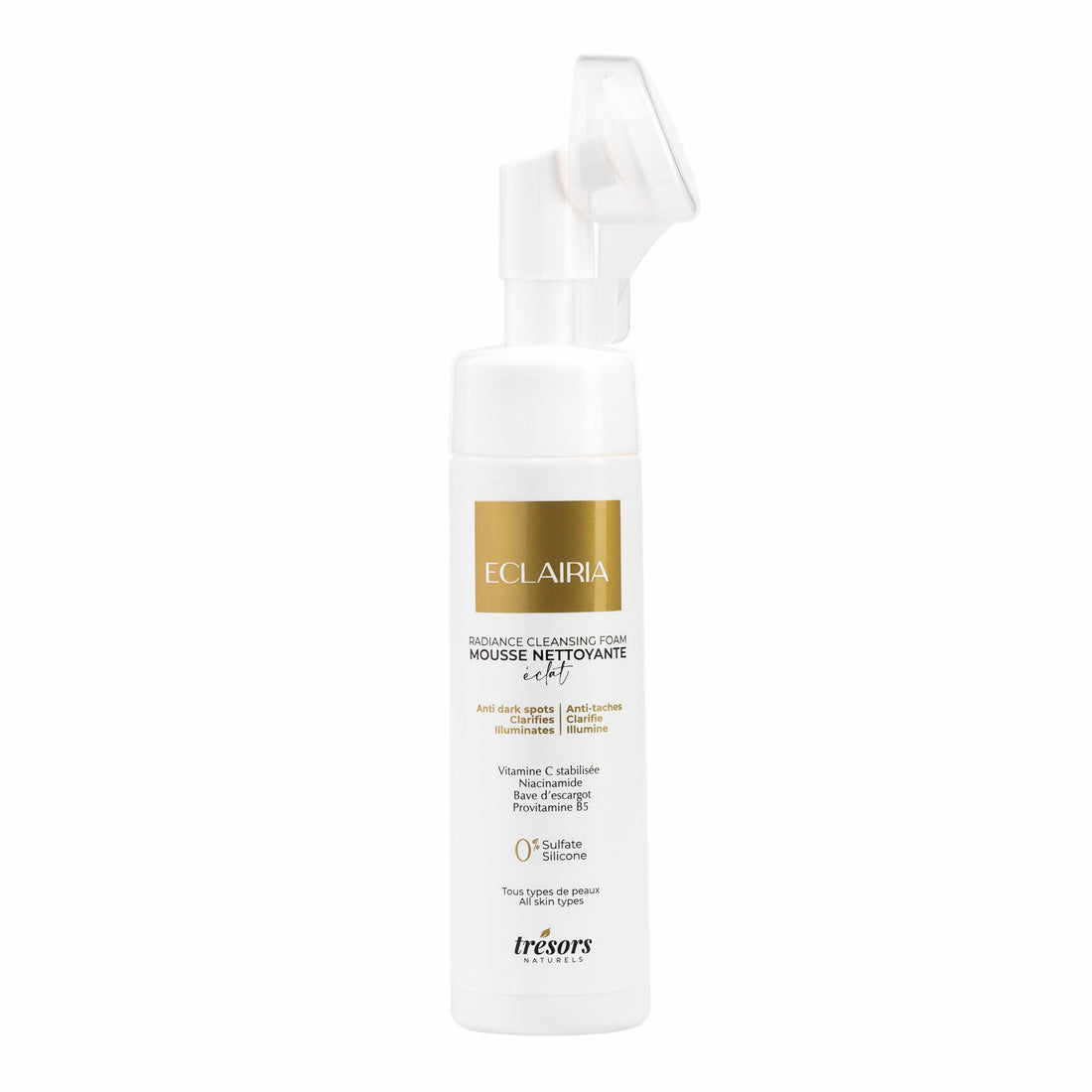 bouteille de mousse nettoyante pour le peau terne eclairia de la marque trésors présentée sur fond blanc 200ml