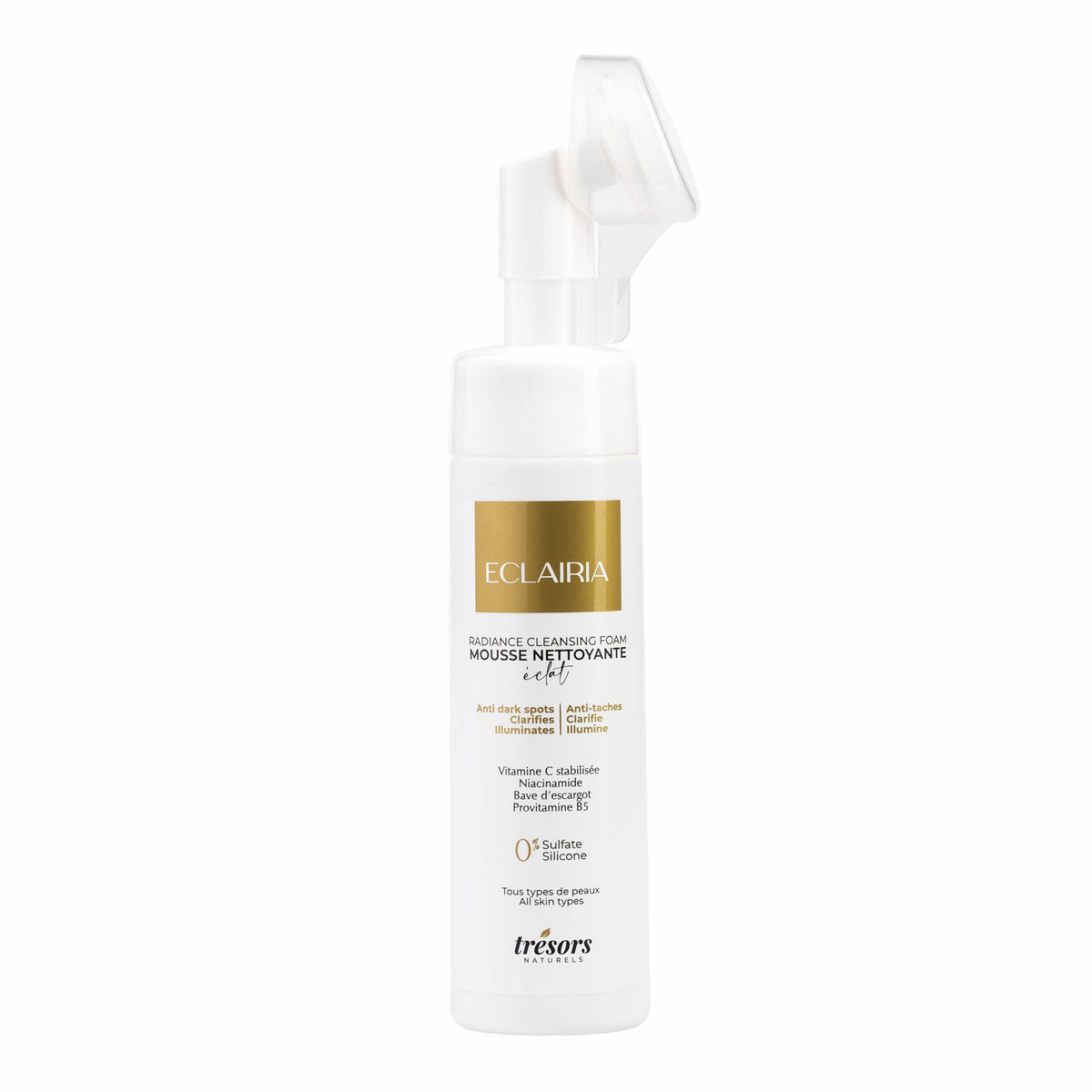 bouteille de mousse nettoyante pour le peau terne eclairia de la marque trésors présentée sur fond blanc 200ml