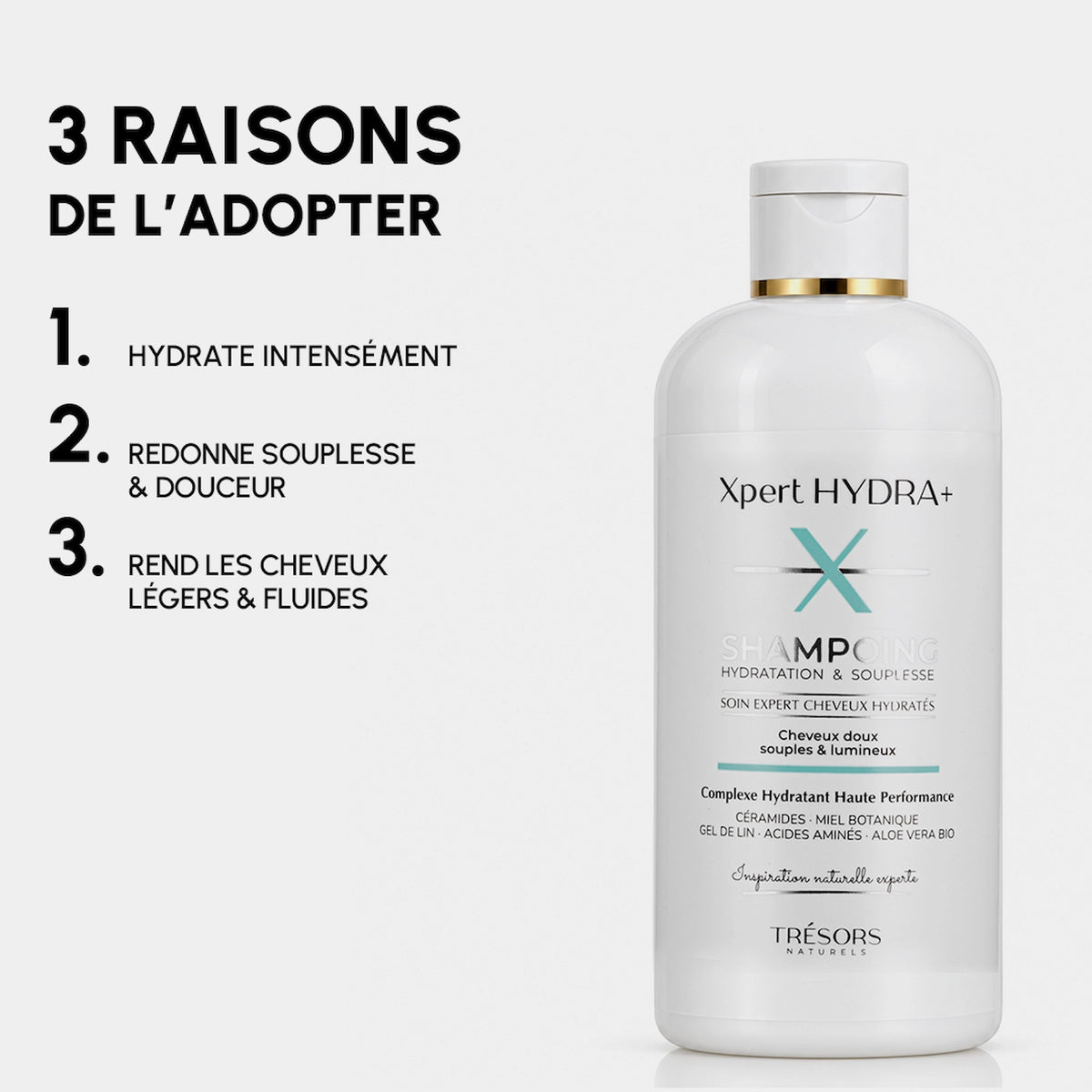  Shampoing hydratation et souplesse XPERT HYDRA+ 400ml trésors naturels affiche